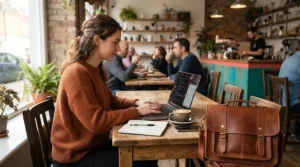 Remote professional working in a corner café with a leather laptop briefcase for men resting on the chair.