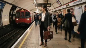 A professional on the London Underground holding a leather laptop briefcase for men during the morning rush hour.