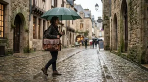 A commuter navigating wet pavements in historic Edinburgh with a durable leather laptop briefcase for men.