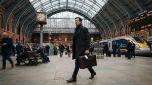 Business traveller walking briskly across a historic railway station concourse with a leather laptop briefcase for men.