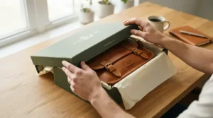 Unwrapping a premium leather laptop briefcase for men as a milestone retirement gift.