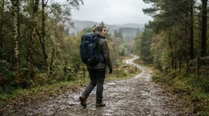 A weather-resistant laptop backpack for university worn by someone walking through light autumn drizzle with an umbrella.