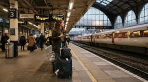 A traveller waiting on a British rail platform with their waterproof laptop backpack resting on a suitcase.