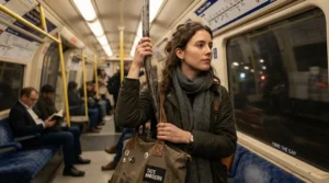 A business professional in a trench coat holding a waterproof laptop backpack on the London Underground.