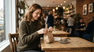 A freelance designer sitting in a cosy London coffee shop unpacking their waterproof laptop backpack.