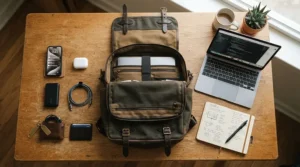 Flat lay arrangement showing gear organised inside a waterproof laptop backpack on a wooden desk.