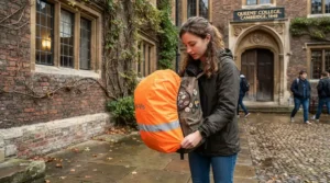 Student putting a bright rain cover over their waterproof laptop backpack outside a university library.